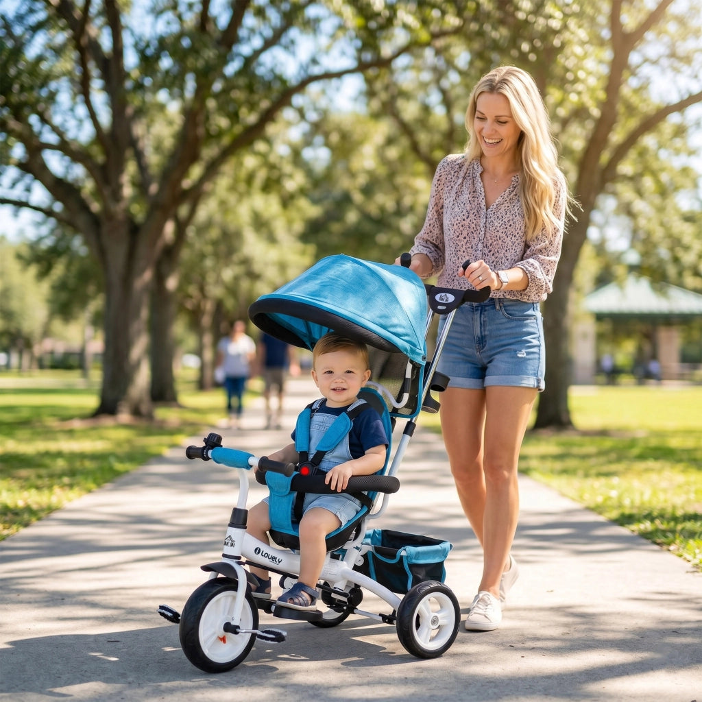 Triciclo per Bambini 6 in 1 ¨C Zephmum ¨C Con Sbarra di Spinta, Cestino, Blu
