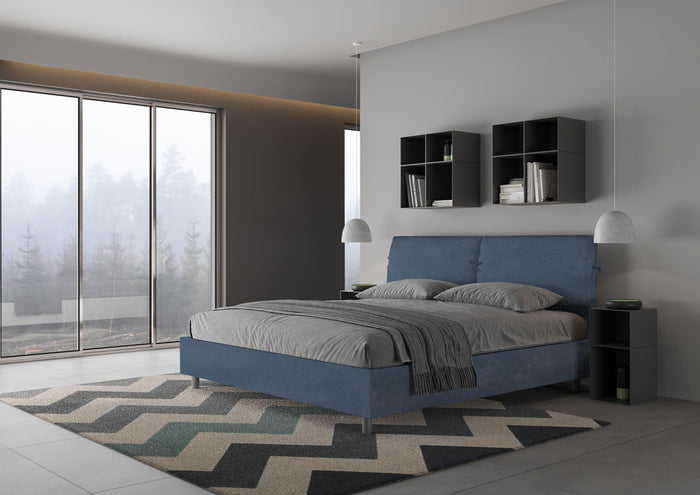 Letto Matrimoniale King Size 180x200 cm con Rete e Contenitore Testata con Cuscini Imbottito in Microfibra Mados Blu