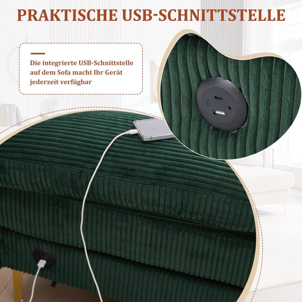Divano U Angolare con LED e Porta USB-C ¨C MINIMAL ¨C Verde Scuro, Legno Massello, 4 Cuscini