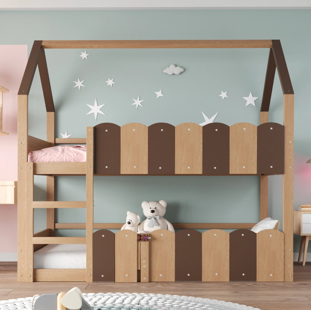 Letto a castello per bambini 90x200 cm con design a casetta e sponde di sicurezza