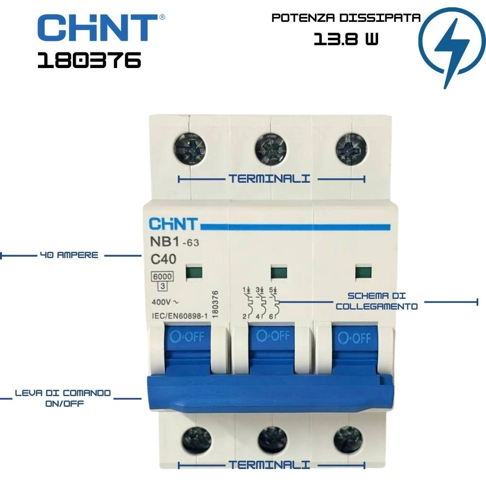 Chint nb1-63 interruttore magnetotermico 3p curva c 6ka guida din *** ampere 40 ampere, confezione 1