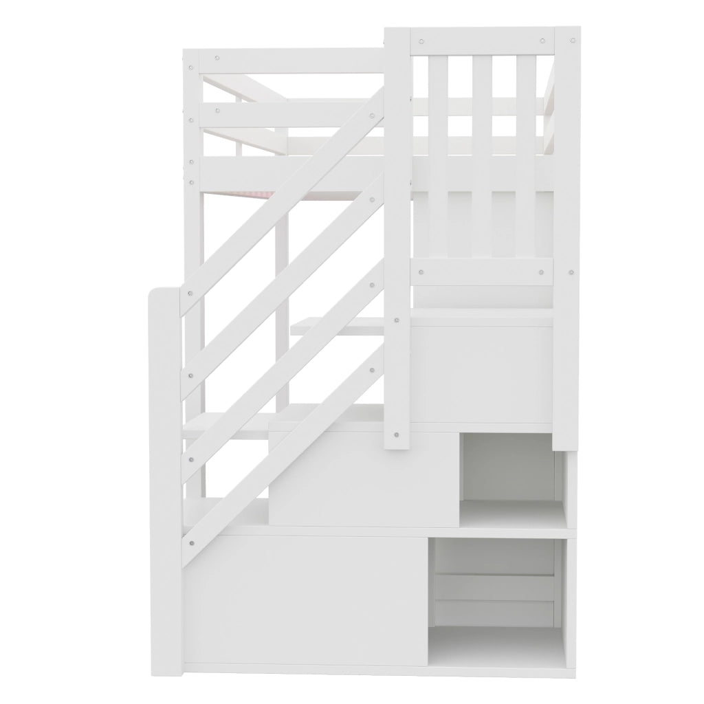 LETTO A Soppalco 90x200 cm in Legno Bianco con Armadio, Ripiani e LED