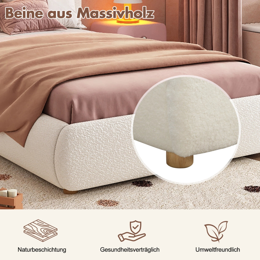 Letto singolo per bambini 90x200 cm con contenitore idraulico; LED; bouclé bianco