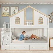 Letto a castello per bambini 90x200 cm in pino e MDF; bianco e naturale; con scala contenitore e cassetti