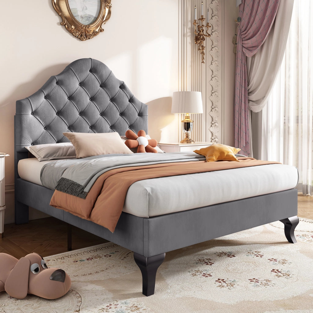 Letto imbottito 90x200 cm in velluto grigio con rete a doghe e testiera regolabile in altezza