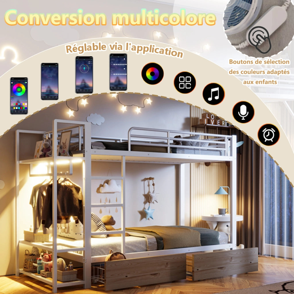 Letto a castello 90x200 cm con LED, cassetti e ripiani bianco