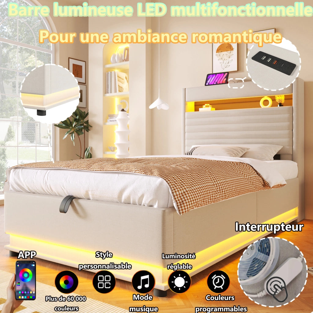 Letto contenitore imbottito 90x200 cm con apertura ribaltabile; LED tramite pulsante e App; USB-C; lino beige