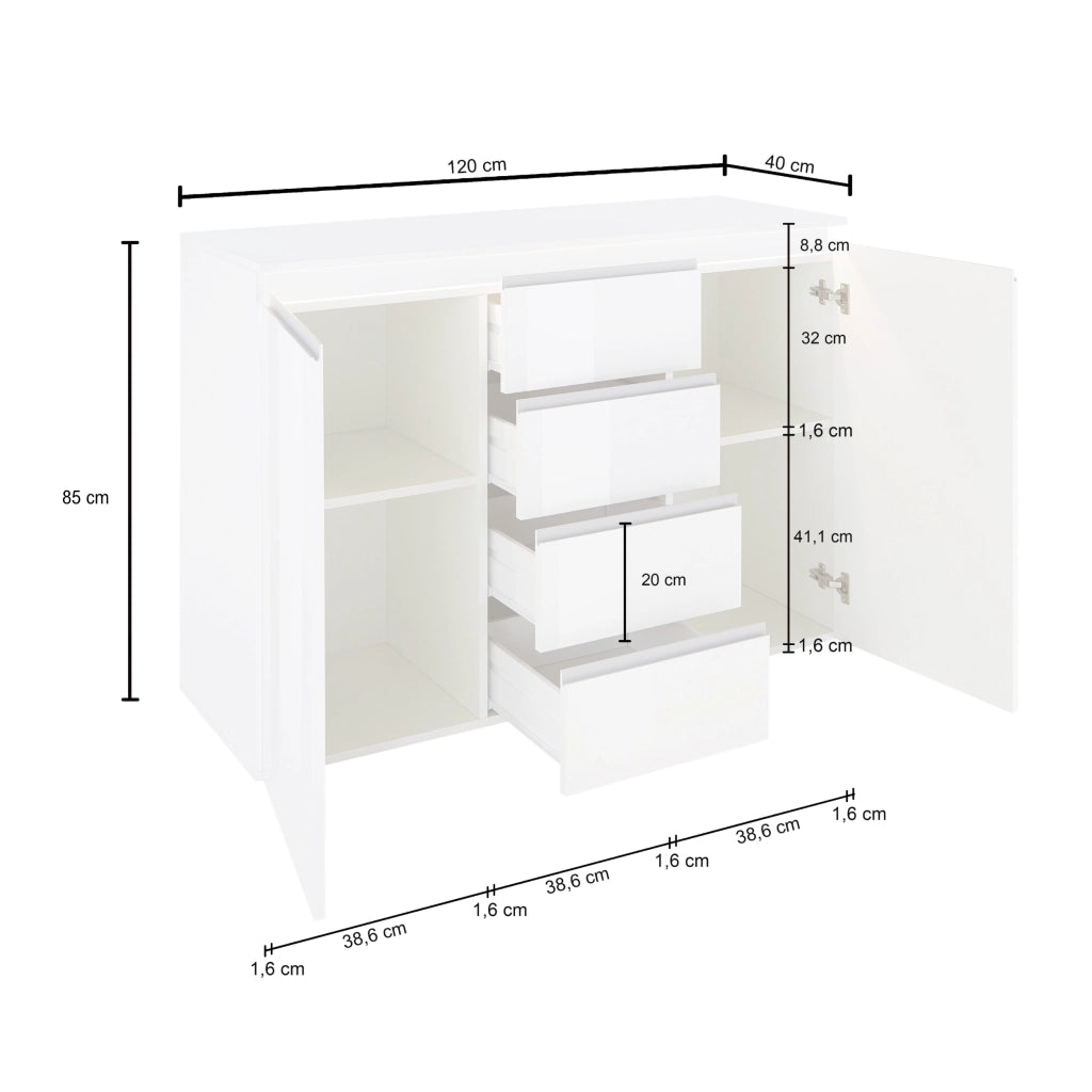 WHOUS Credenza a cassettiera Magic 2 ante e 4 cassetti bianco lucido 120x40x105 cm