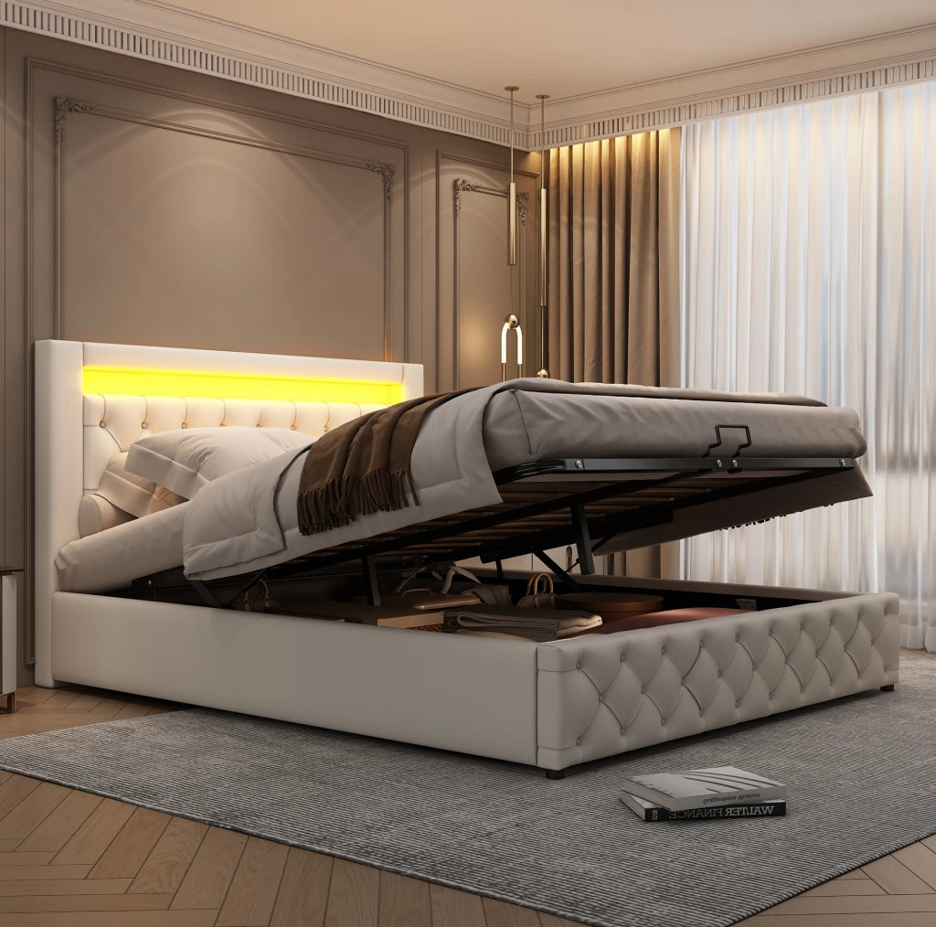 Letto imbottito 140x200 cm con contenitore; rete a doghe; LED regolabile e rivestimento in PU bianco