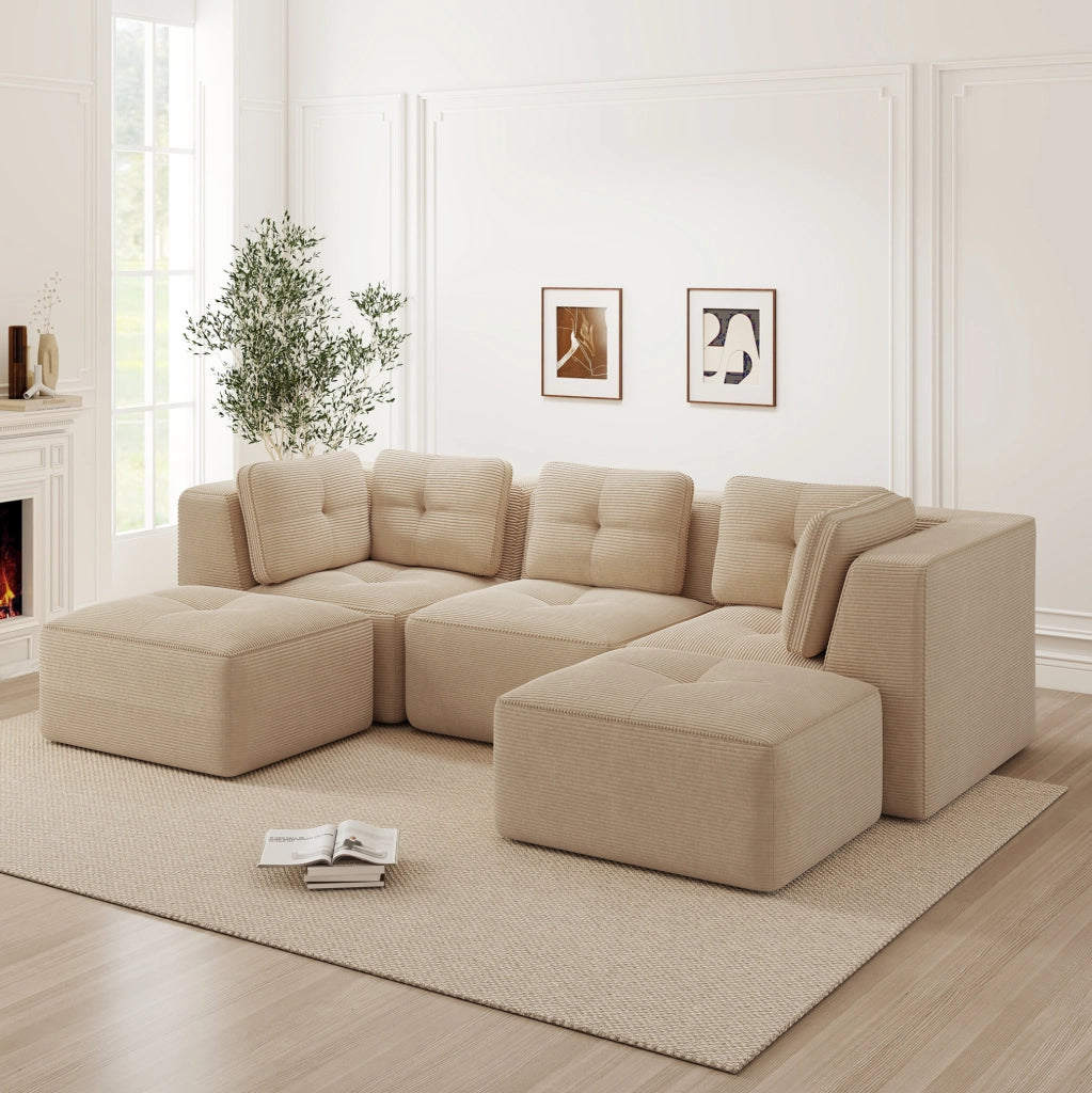 Divano angolare modulare in corduroy; 297 x 177 x 69 cm; beige