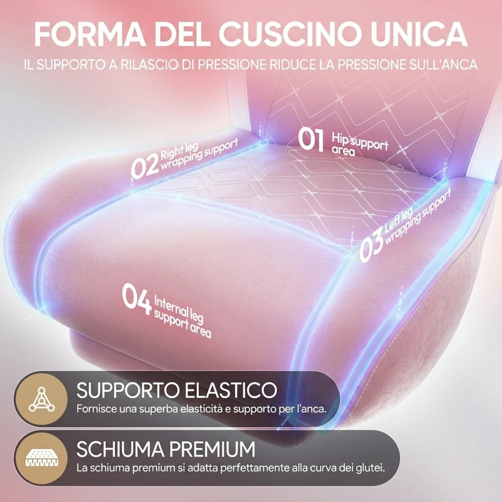 Sedia da Gaming | Funzioni di riscaldamento e massaggio, supporto lombare, poggiapiedi, materiale in tessuto, Bianco rosato