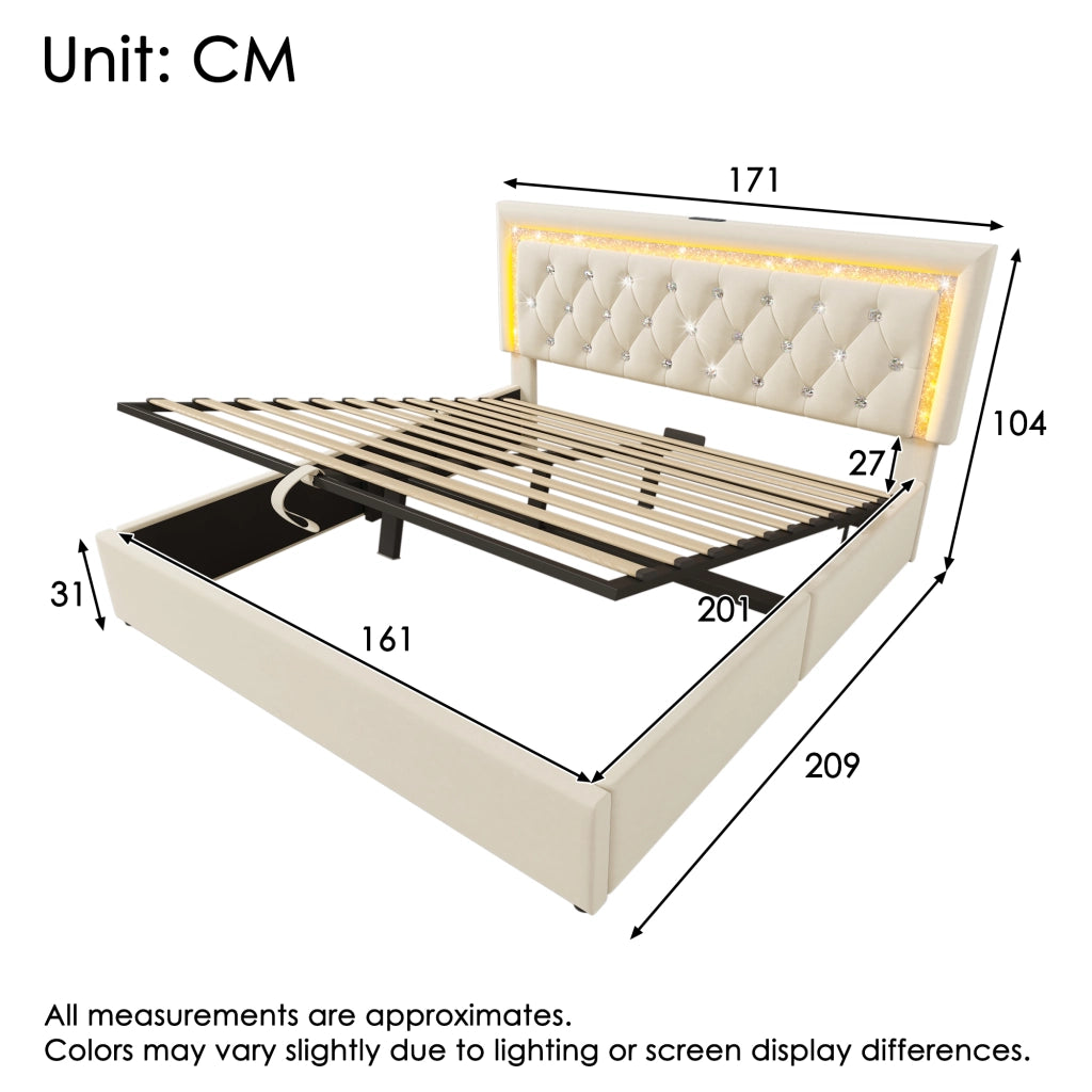 LETTO Contenitore 160x200 cm in velluto beige con materasso, LED, USB e Type-C