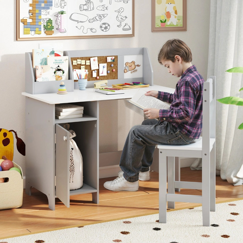 Set di scrivania e sedia per bambini in legno con scaffale armadietto bacheca, Postazione di scrittura Grigio-Tavoli e sedie