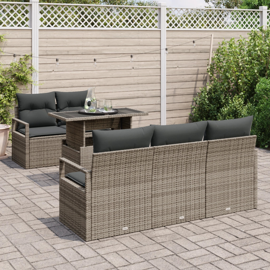 Set Divano da Giardino  6 Pezzi con Cuscini Grigio Rattan Poliestere