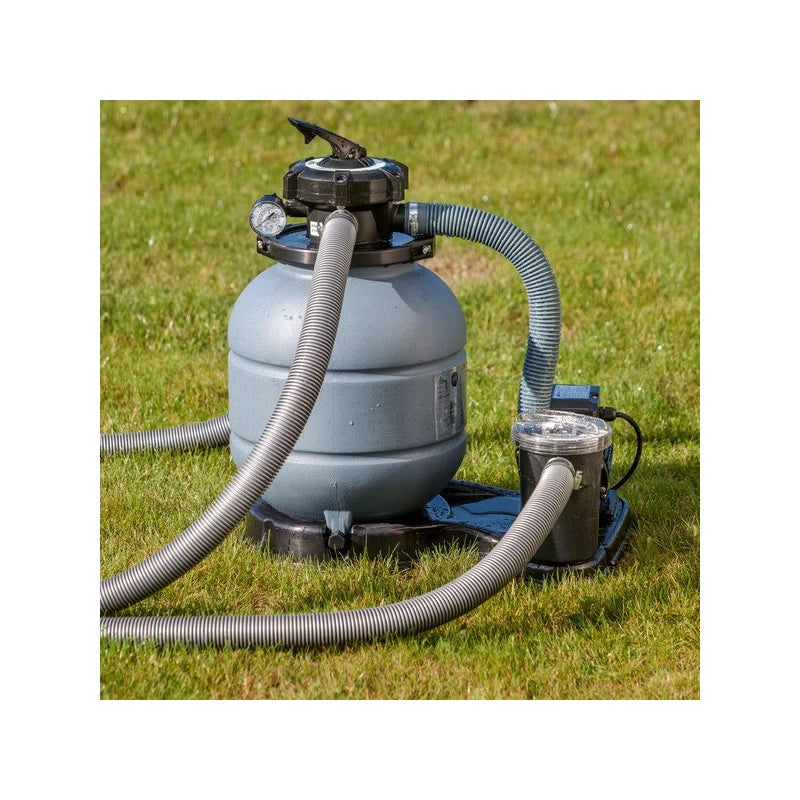 Piscina fuori terra ovale in acciaio con filtro a sabbia e skimmer, 730x375x120 cm con scaletta sicurezza - GRE