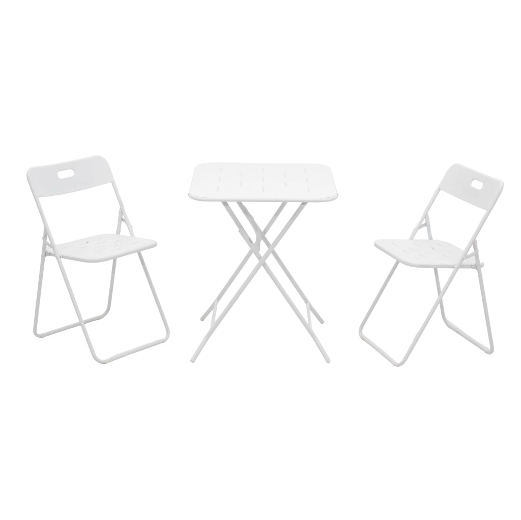 Set bistrot pieghevole; 3 pezzi per 2 persone; acciaio; bianco