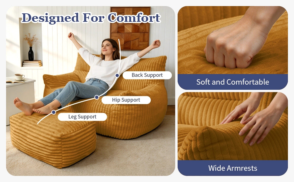 Pouf lounge ergonomico in flanella con imbottitura in memory foam, base antiscivolo e supporto avvolgente giallo