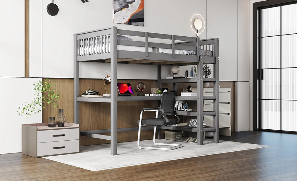 Letto a soppalco per bambini 90x200 cm con scrivania e ripiani, grigio, senza materasso