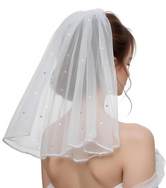 Sposa in Tulle Elegante con Pizzo e Perle - 40 cm - Adatto per Feste di Sposa e Feste di Addio al Nubilato