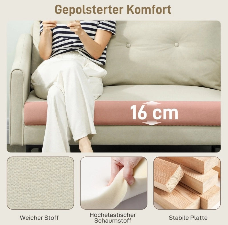 Divano 2 posti compatto in tessuto crema con gambe in metallo