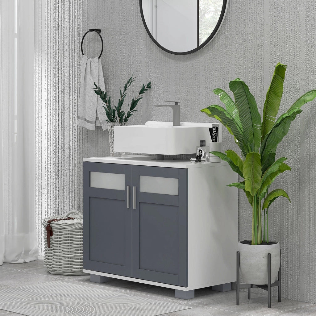 Armadietto Sottolavabo Bagno con Ante Vetro ¨C Zephmum ¨C 69x35x59 cm Bianco Grigio