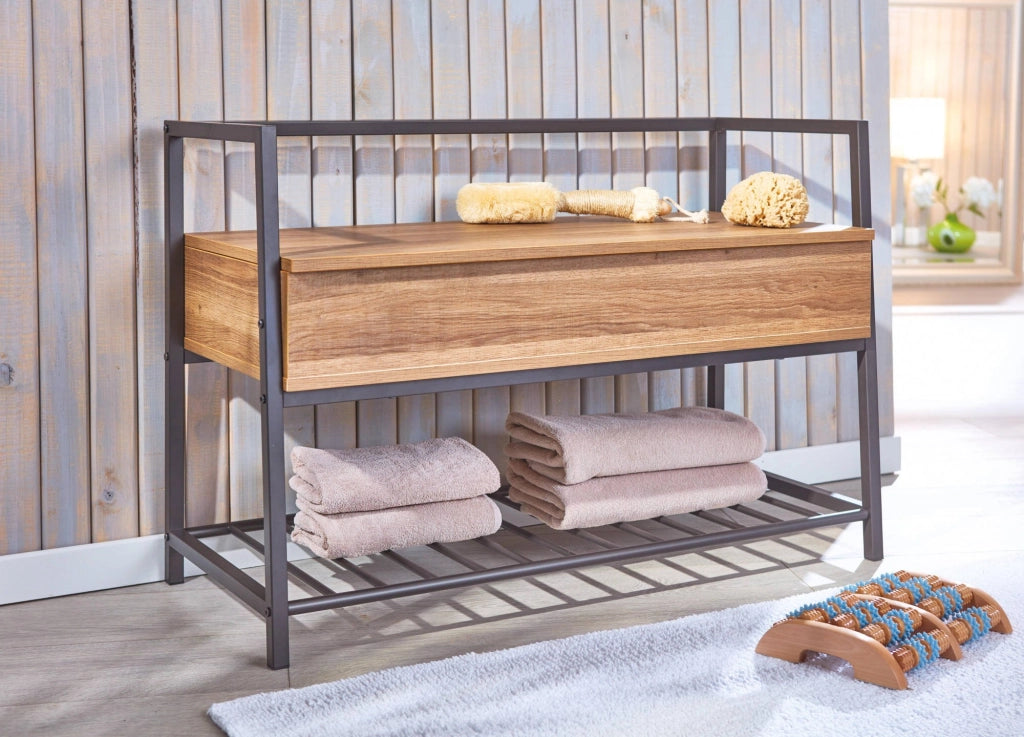 Scarpiera con contenitore e Dpierc, in metallo nero e nobilitato color quercia, cm 90x39x61