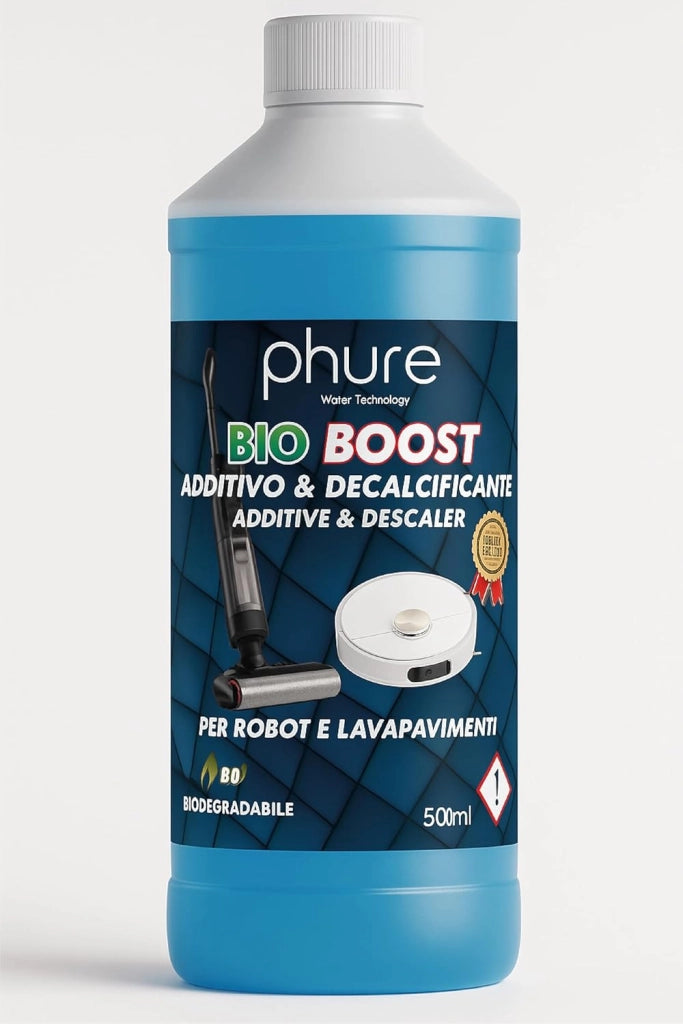 PHURE BIO BOOST ADDITIVO E DECALCIFICANTE PER ROBOT LAVAPAVIMENTI Concentrato per Robot Lavapavimenti e Aspirazione con Igienizzante 500ml pulizia senza aloni e sostenibile Adatto ad ogni Robot