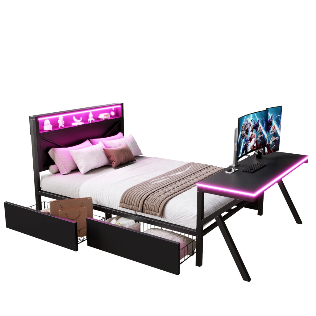Letto Singolo 140x200 cm con LED; Scrivania e 2 Cassetti in Metallo e MDF - Nero
