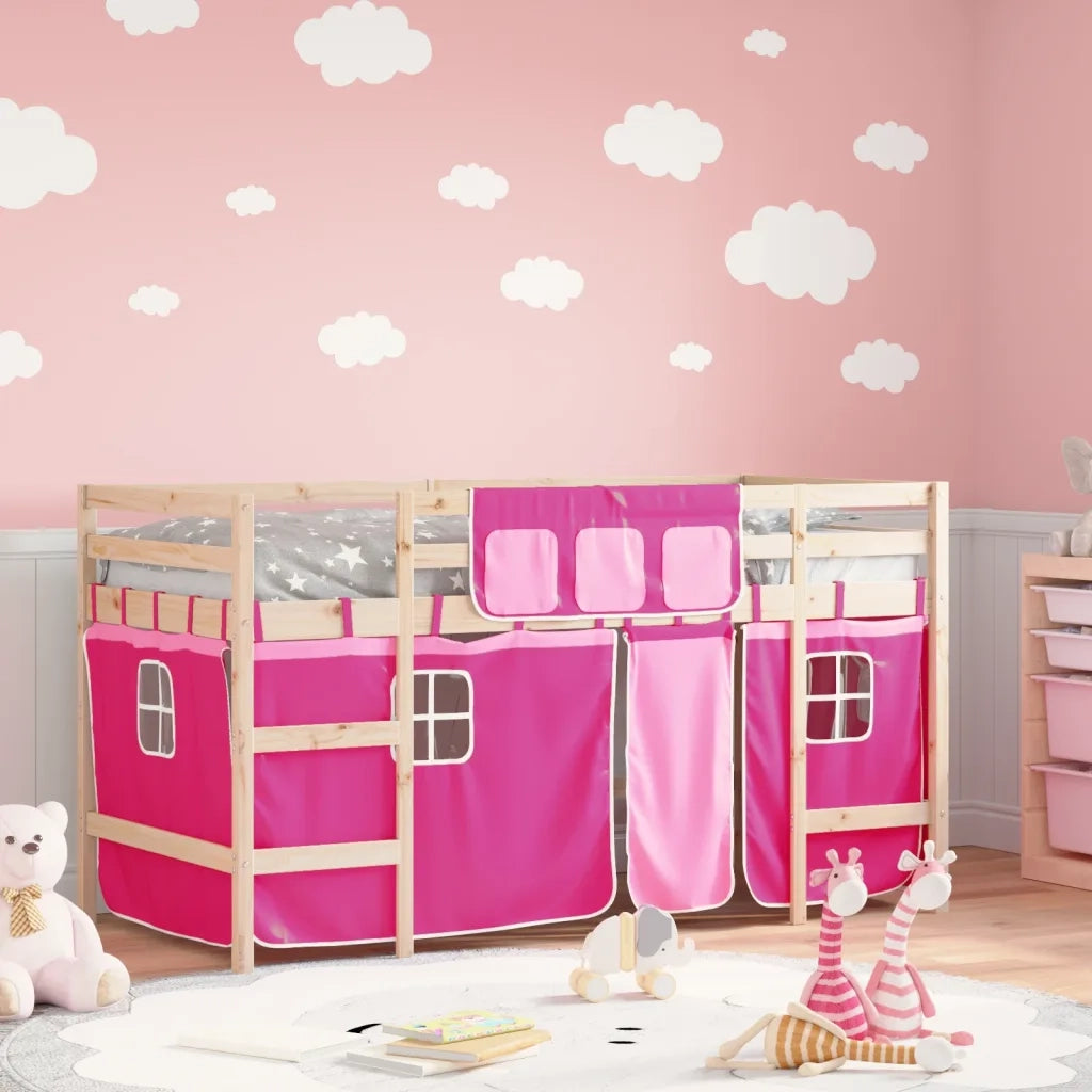 Letto a Soppalco con Tende Bambini Rosa 90x190 cm Massello Pino 3206975