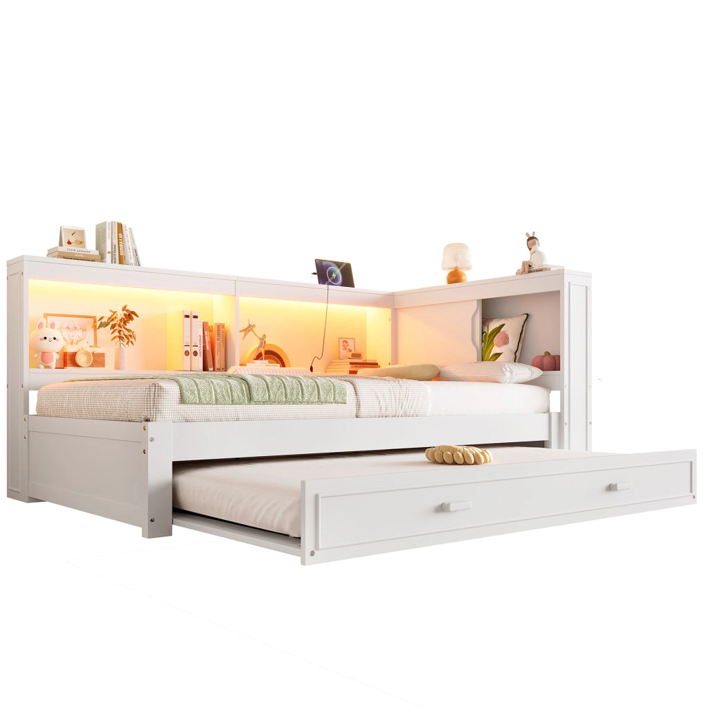 Divano letto 90x200 cm bianco con letto estraibile, LED e porte USB/Type-C