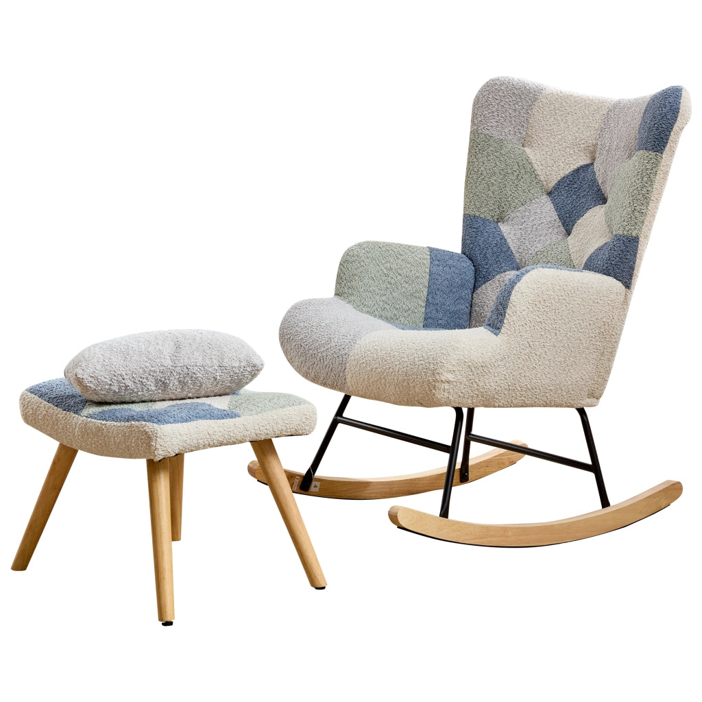 Poltrona a dondolo con pouf e schienale rimovibile in tessuto con struttura in ferro beige e blu 122 × 68 × 91 cm