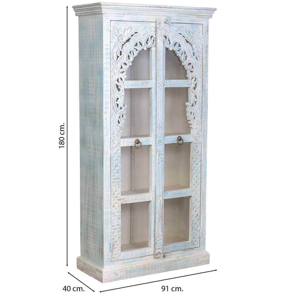 Vetrina in legno artigianale bianca e blu, 91x40x180h cm