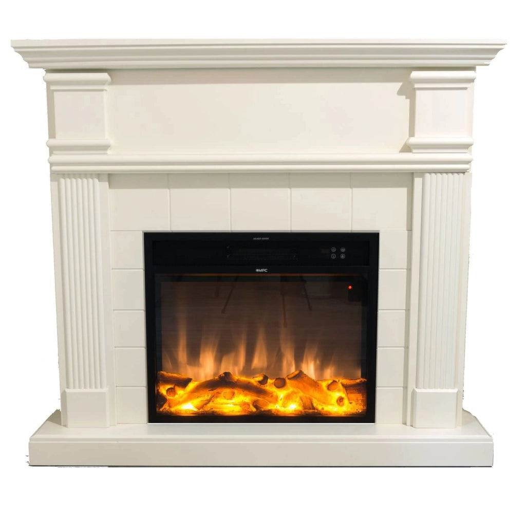 Mpc Camino Caldera Caminetto Elettrico Completo Di Inserto Elettrico 1500 w Effetto Fiamma Super Realisitco e Cornce In Legno Mdf Bianco Crematelecomando Incluso