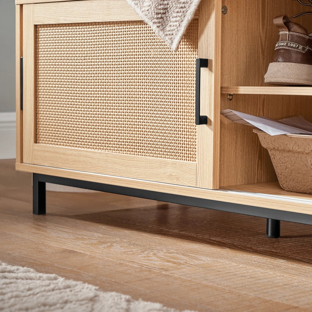 Panca Scarpiera Con 2 Porte Scorrevoli Naturale E Grigio 110x40x49cm FSR154-N