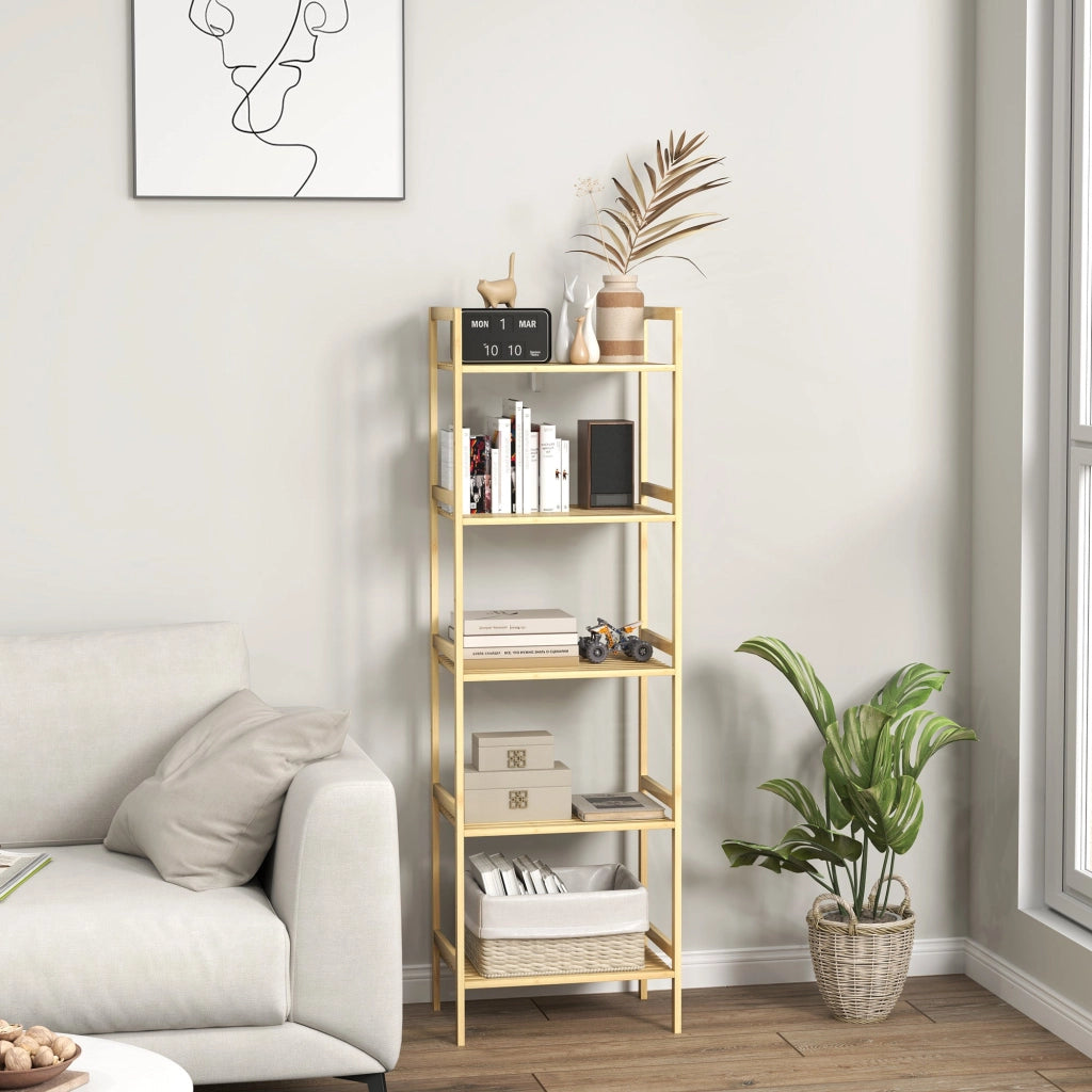 Scaffale Bagno 43,5x31,5x142 cm  a 5 Ripiani Regolabili in Bambù