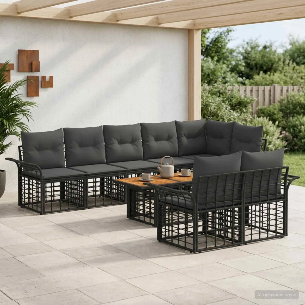 Set Divano da Giardino 9 pz Nero e Grigio scuro polyrattan 3437997