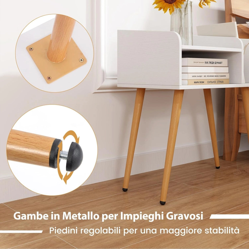 Comodino 50 x 32 x 58cm, Tavolino Moderno con Mensole Aperte, Gambe in Metallo e Poggiapiedi Regolabili, Comò Ideale per Soggiorno e Camera da Letto (Bianco,2)