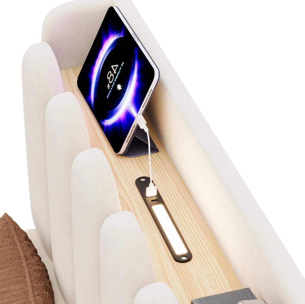 Letto singolo imbottito con contenitore idraulico 90x200 cm; in velluto beige; con USB e luce notturna