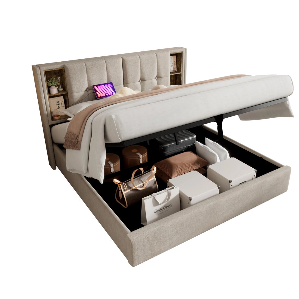 Letto matrimoniale imbottito 160x200 cm con ricarica wireless, USB-C, contenitore e testiera in lino naturale
