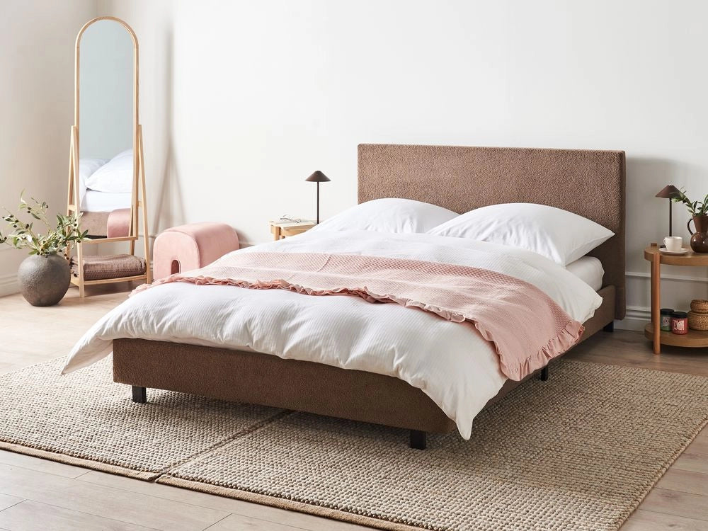 Letto matrimoniale imbottito bouclé marrone 140 x 200 cm con rete e testata