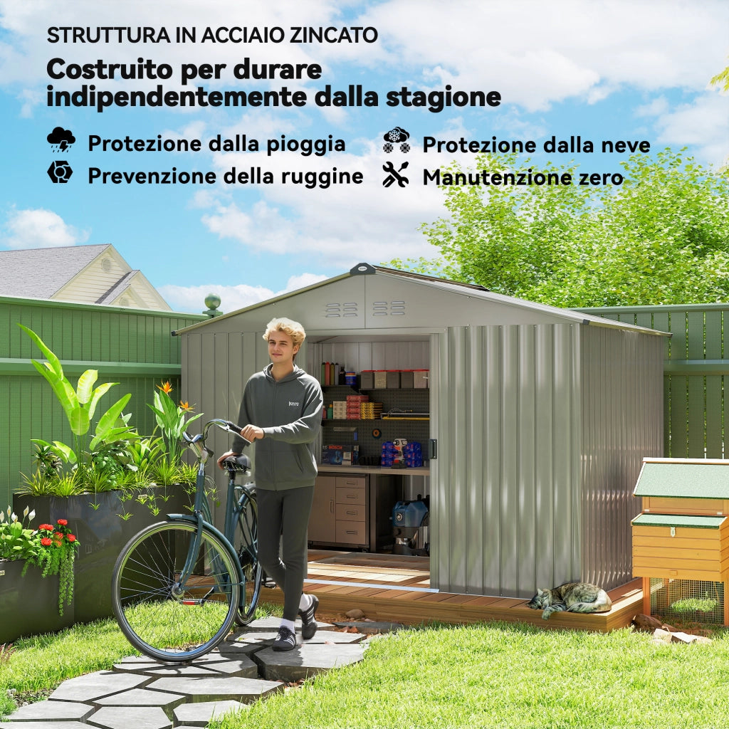 Casetta da Giardino in Metallo con Prese d'Aria e Doppia Porta Scorrevole, 277x195x192 cm, Argento