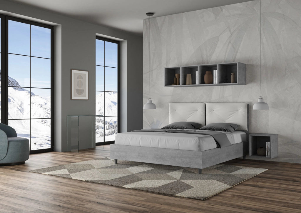 Letto Matrimoniale 160x190 cm con Rete Struttura Cemento con Cuscini in Similpelle Egos Appia Bianco