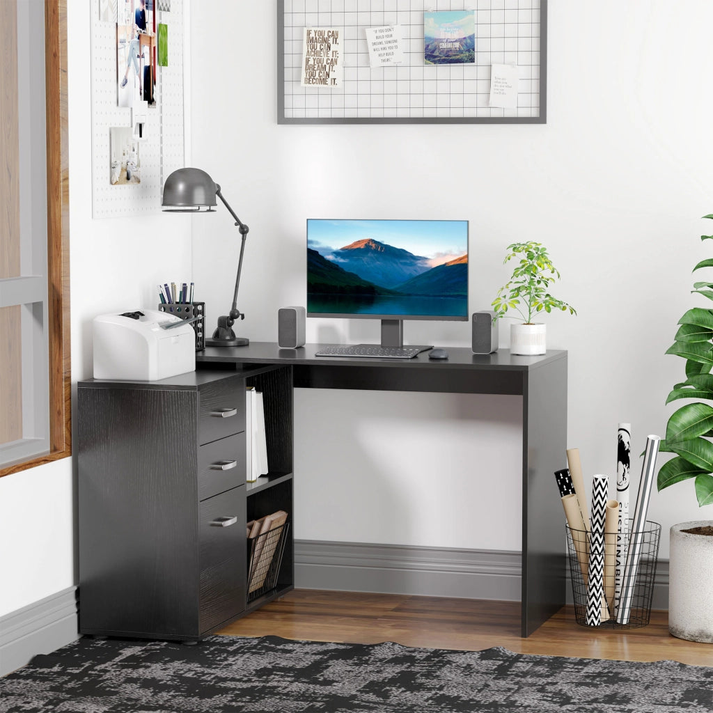Scrivania Angolare per PC con 2 Cassetti e Ripiani Aperti ¨C Zephmum ¨C Legno e Metallo, Nero, 117x83.5x76 cm