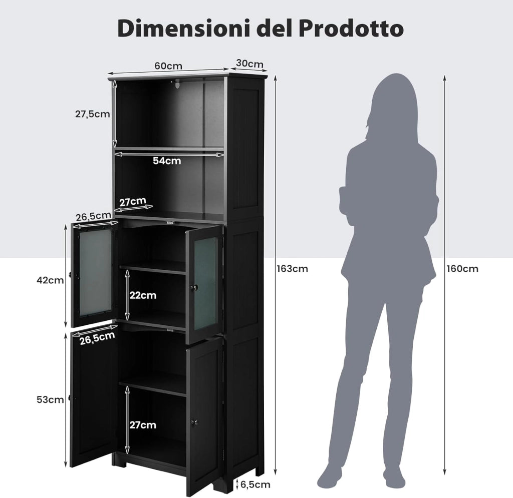Armadio da Bagno, Mobiletto Alto da Terra con 2 Armadietti e Ripiani Regolabili, con Ante in Vetro, Mobile Portaoggetti Multiusi per Bagno e Soggiorno, 60x30x163 cm (Nero)