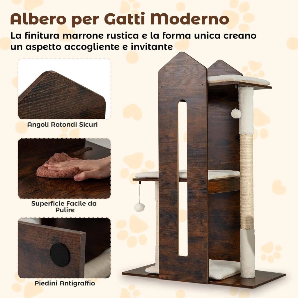 Albero per Gatti Alto 120 cm, Tiragraffi per Gattini in Legno con Posti Graffianti in Sisal, Palline Pendenti, Cuscini Morbidi e Piazzola, Tiragraffi Gatto per Arrampicata