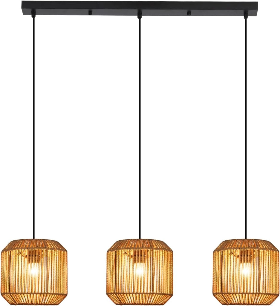 Lampada a sospensione ZMH vintage a 3 luci in stile legno e rattan (lampadina non inclusa)