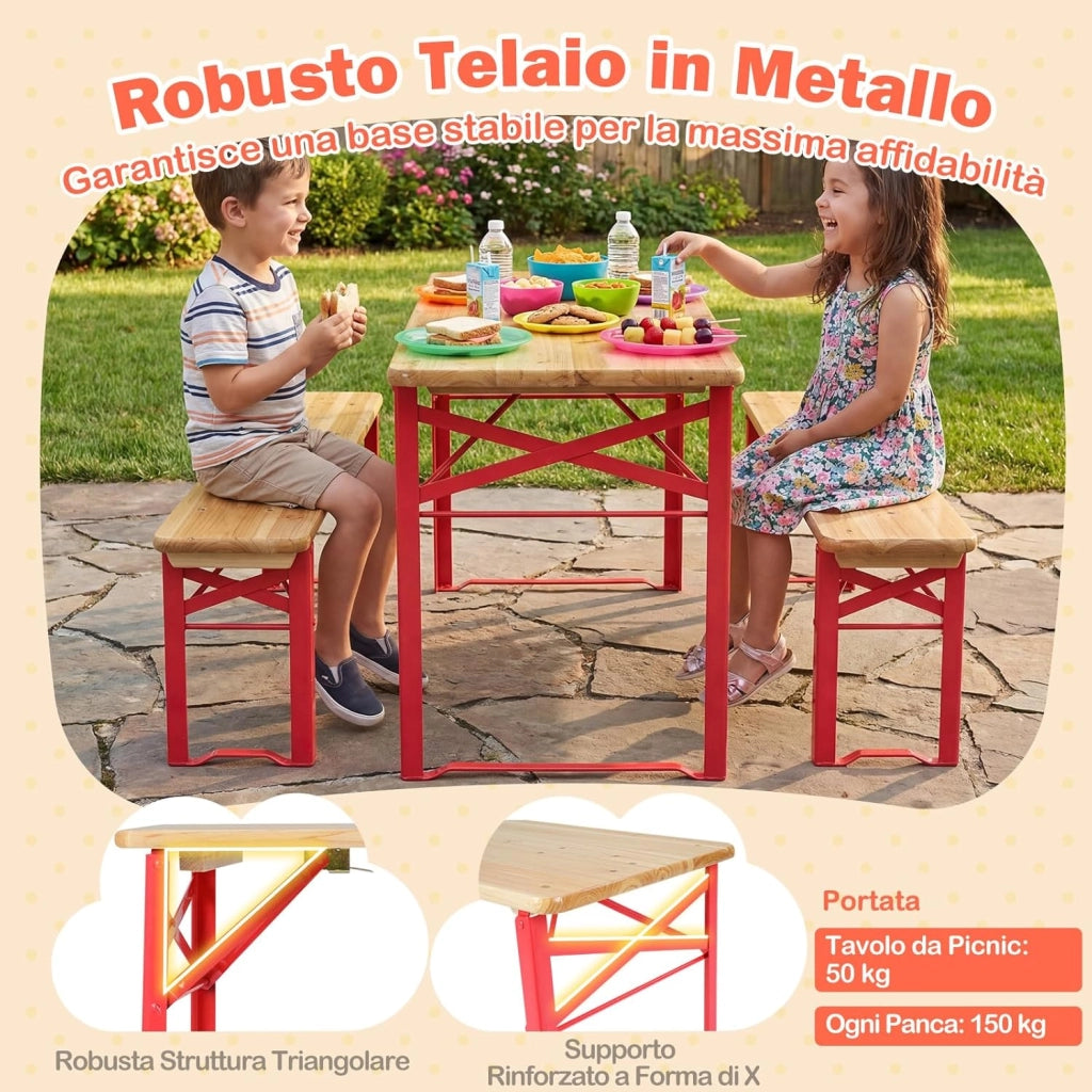 Set da Esterno 3 Pezzi per 4 Bambini, Tavolo da Picnic con 2 Panche in Legno Pieghevole, Robusta Struttura in Metallo, Facile da Riporre, Set da Giardino per Bambini 3-8 Anni per Patio