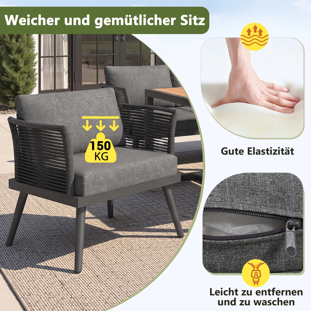 Set lounge da giardino a 7 posti modulare in ferro grigio con tavolino in legno plastico e cuscini sfoderabili
