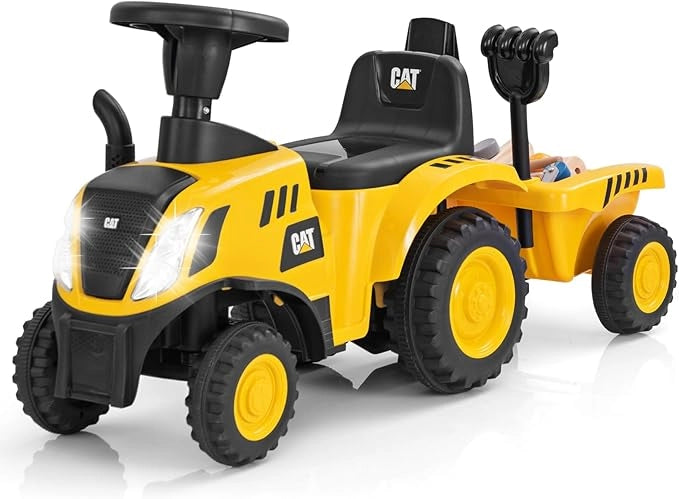 Trattore Cavalcabile per Bambini, Trattore Scorrevole con Rimorchio Staccabile Pala e Rastrello, 6 Ruote Suono e Luci, Ideale per Bambini 1,5-3 Anni