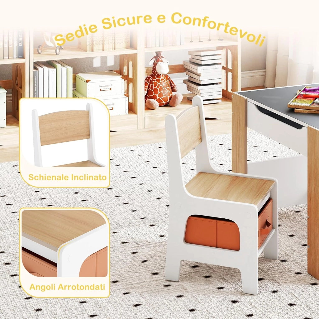 Set Tavolino Bambini con 2 Sedie per Bambini, Tavolo e Sedie 4 in 1 con Piano Doppa Faccia, Librerie Laterali e Scatola in Tessuto, Mobile Salvaspazio per Asilo e Cameretta (Naturale, Stile 2)